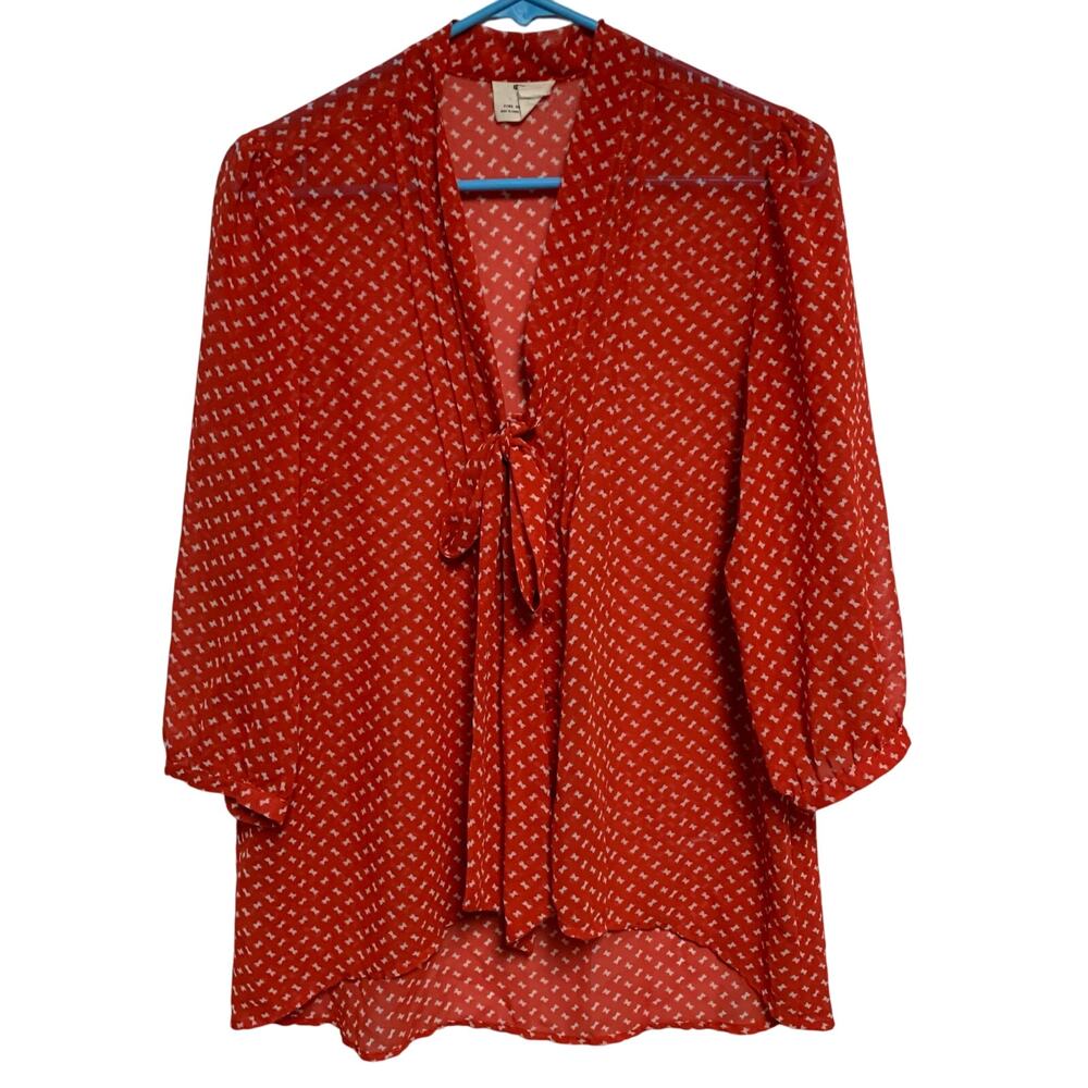 Anthropologie Pins and Needles Red Cream Bow Pattern Loose Blouse Size Large